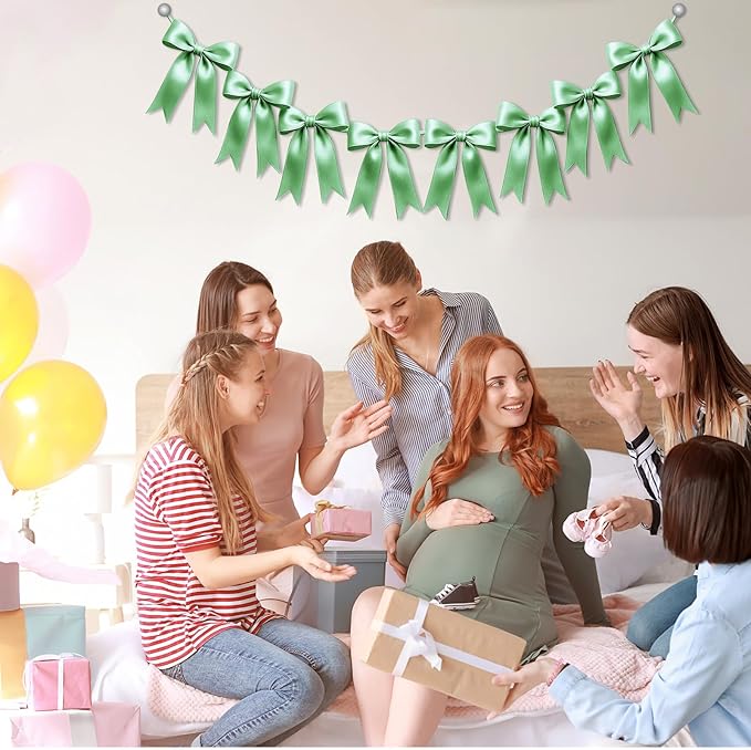 1 String of 8PCS Sage Green Bow Garland Banner Decoration,Pre-Strung Satin Ribbon Ornaments for Birthday,Bachelorette Party,Bridal Shower,Wedding,Engagement,Baby Shower,Graduation Decor,Anniversary