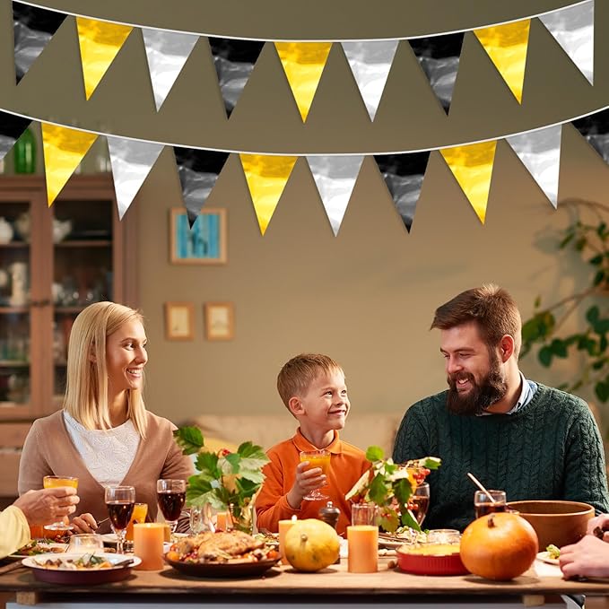 65FT Black Gold Silver Glitter Triangle Pennant Banner Flag Metallic Bunting Fabric Garland for Christmas Wall Hanging,Graduation, New Years Decorations,Father' Da Decorations Party Supplies