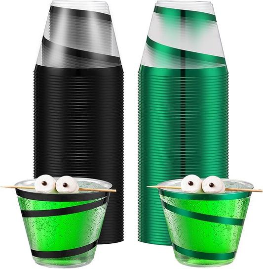 Gejoy 9 oz Rimmed Swirl Plastic Cups Disposable Wine Drinking Cups Clear Elegant Halloween Tumblers for Christmas Party Supplies(Black，green,100 Pcs)