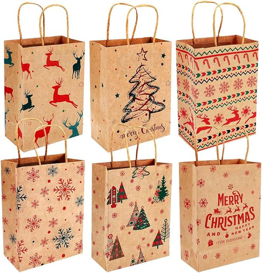 EUBUY 24 PCS Christmas Kraft Gift Bags for Present Wrapping, 5.91"x3.15"x8.27" Christmas Kraft Gift Bags with Handles for Holiday Party Favors and Decor Supplies