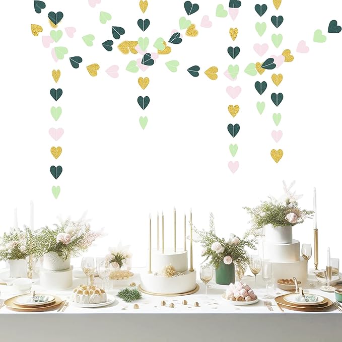 Sage-Green Pink Gold Party-Decorations - Paper Heart Garland Streamers Woodland Theme Baby Shower Bridal Shower Birthday Decoration Wedding Bachelorette Engagement Hanging Decor HongTongTong
