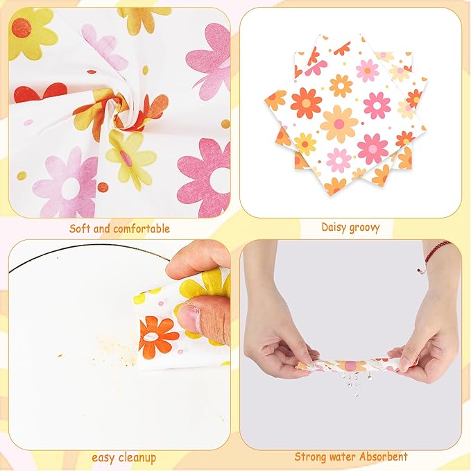 60 PCS Daisy Paper Napkins Groovy Daisy Boho Dinner Napkins Disposable Flower Decorative Party Napkin for Baby Shower Birthday Wedding Seasonal Holiday Party Supplies