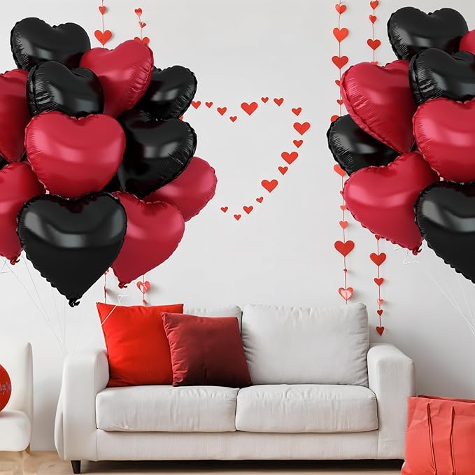 Black Red Heart Balloons,12Pcs 18Inch Black Metallic Red Heart Shaped Foil Balloons for Birthday Valentine's Day Anniversary Wedding Engagement Party Decorations