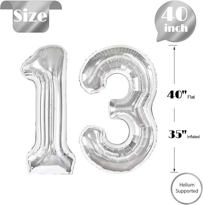 Silver Number 13 Balloon 40 Inch, 13th Birthday Party Decorations for Children, Giant 13 Foil Balloon for Party Supplies