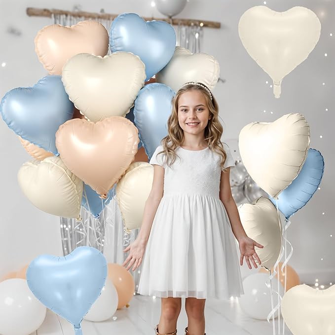 Baby Blue Heart Balloons, 10 Pcs Light Blue White Heart Shaped Balloon, 18 Inch Apricot Cream Sand White Nude Foil Balloons for Engagement Brithday Baby Shower Wedding Valentines Party Decoration