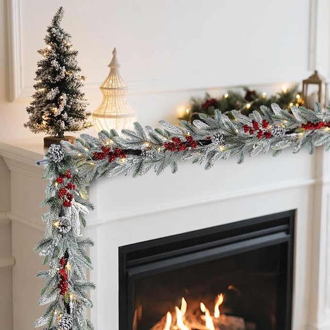 Bdor 6FT Pre-Lit Christmas Garland with Lights – Snow Flocked Pine Garland with Red Berries and Pinecones – Battery Operated Holiday Decoration for Mantel, Staircase, Fireplace, and Front Door