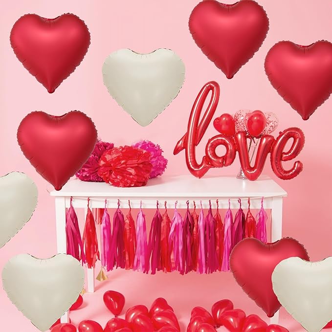 Red White Heart Balloons,12Pcs 18Inch Cream White Metallic Red Heart Shaped Foil Helium Balloons for Birthday Anniversary Wedding Engagement Party Decorations