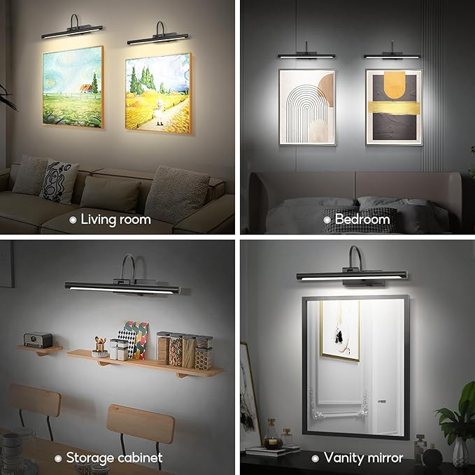 16" Picture Lights for Wall Battery Operated with Remote and Timer, Wireless Art Lights for Paintings, Rechargeable Wall Sconce, Dimmable Lighting for Canvas, Gallery Artwork, Portraits, Black