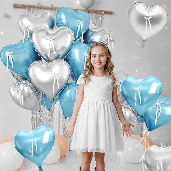 Blue and Silver Heart Balloon, 10 Pcs Light Blue Heart Shaped Balloon with White Bow Ribbon, 18 Inch Metallic Silver Foil Balloons for Boys Men Brithday Baby Shower Wedding Valentines Party Decoration