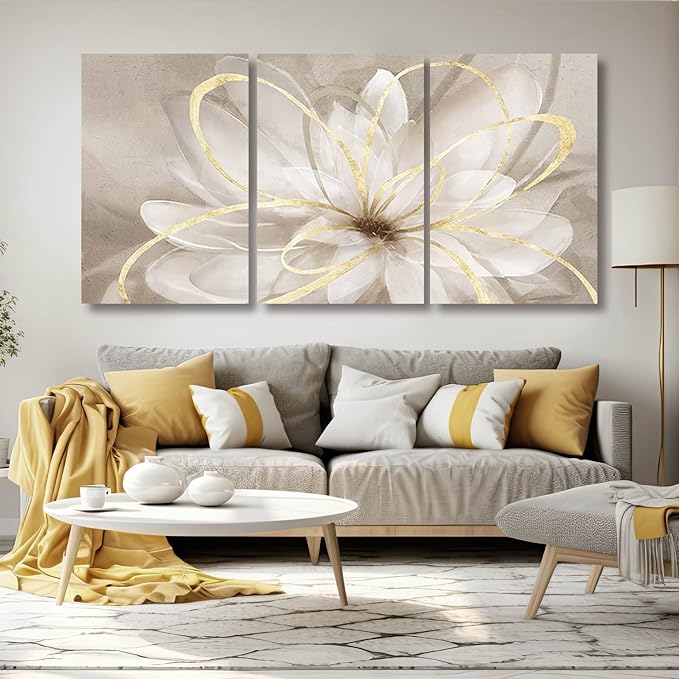 Kureful Gold Wall Art Pictures for Bedroom Flowers Wall Decor Floral Posters Art 3 Piece Wall Decorations Minimalist Decor for Walls 20"x 26"x 3