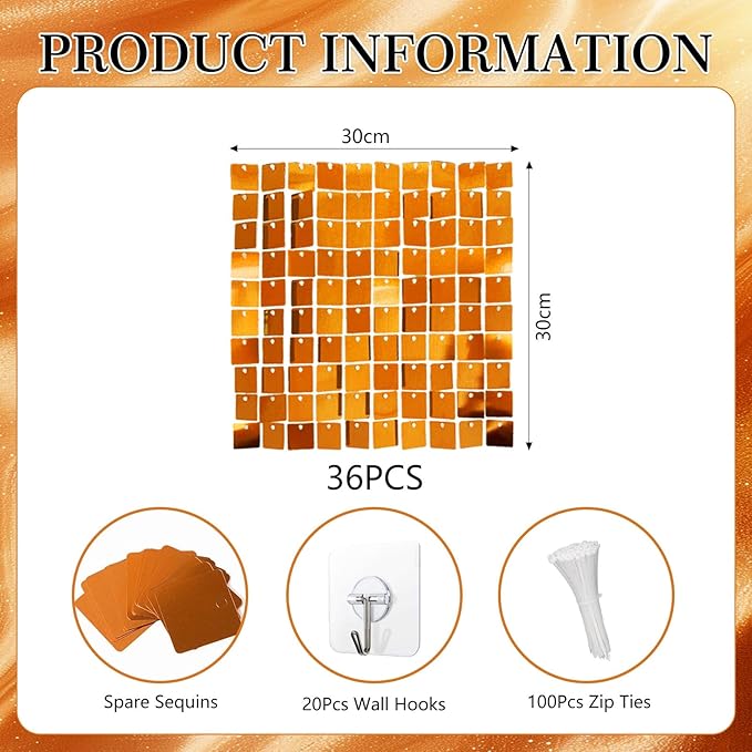 36 PCS Orange Shimmer Wall Backdrop, Square Sequin Photo Backdrops Panel, Glitter Wall Background for Birthdays, Weddings, Halloween, Engagements, Disco Bachelorette Party Decoration (6FTx6FT)