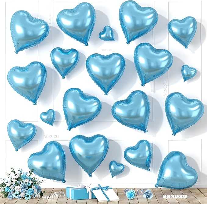 Light Blue Heart Balloons, Heart Shaped Balloons, 20 Pcs 5/10/18 inch Different Sizes Blue Foil Love Balloon for Birthday Baby Shower Graduation Decorations Wedding Engagement Bridal Showers