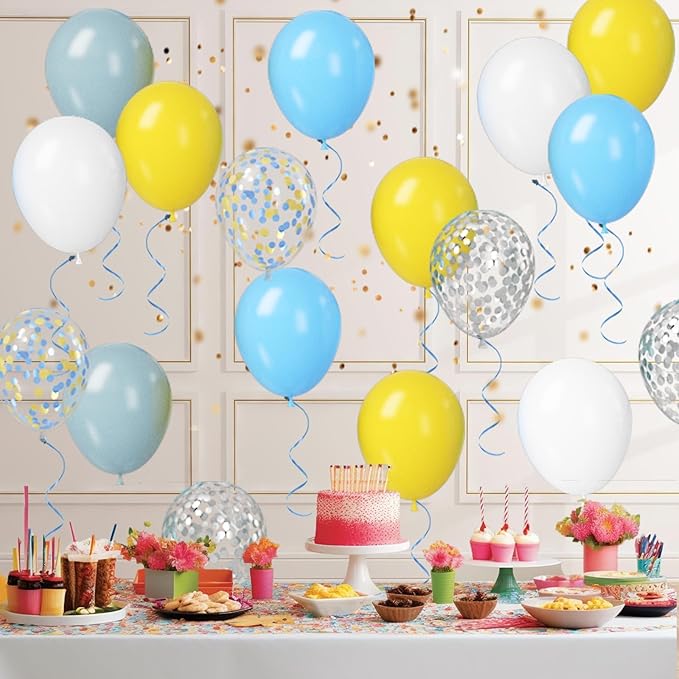 Paready 50pc Blue & Yellow Balloons - 12in Dusty Blue, White & Yellow Latex Balloons with Confetti for Boys Birthday, Baby Shower, Anniversary & Wedding
