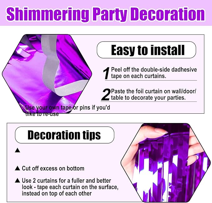 3 Pack Purple Foil Fringe Curtain Backdrop, 3.28Ft x 8.2Ft Metallic Tinsel Foil Fringe Streamer Curtains for Photo Booth, Mother's Day, Easter, Birthday, Wedding Party Decorations