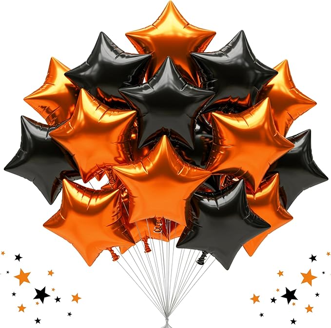 TONIFUL 30Pcs 18 Inch Large Orange Black Star Shape Foil Balloons Big Stars Helium Mylar Ballons for Halloween Birthday Wedding Baby Shower Anniversary Engagement Party Decorations Supplies