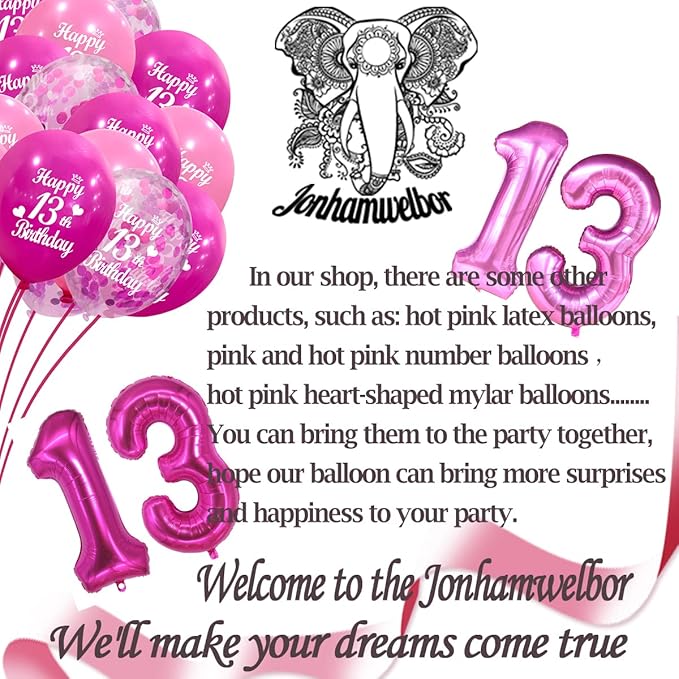 JONHAMWELBOR Happy 13th Birthday Latex Balloons Sweet 13th Birthday Decorations for Girls, 30Pcs Hot Pink and Pink 13 birthday Balloons