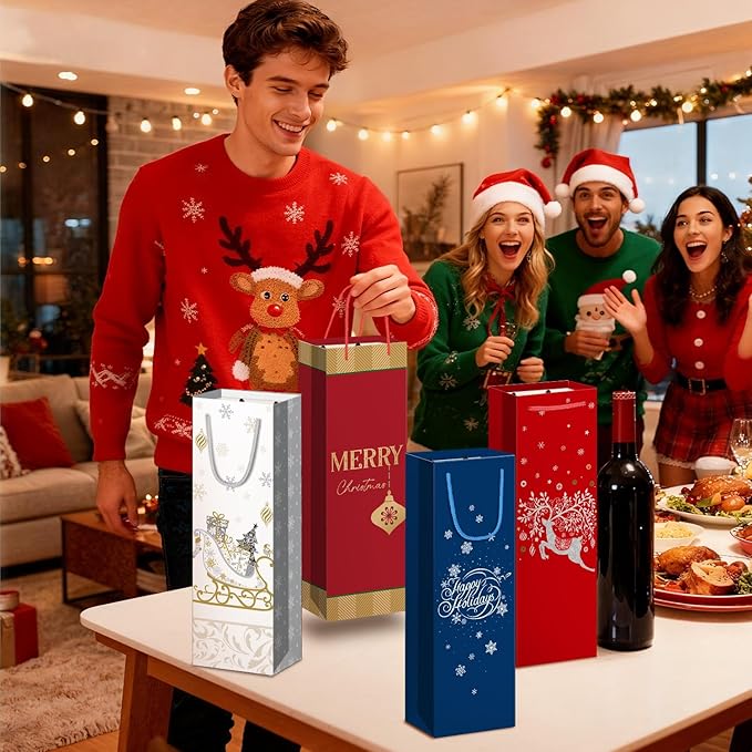 Xylitic 12 Pack Christmas Wine Bags with Handles, Holiday Wine Gift Bags for Bottles, Winter Wedding Birthday Xmas Party Supplies (4.7” x 3.5” x 14”)