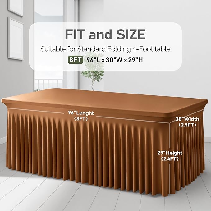 1 Pack Brown Table Clothes for 8 Foot Rectangle Tables, One-Piece Wrinkle Resistant Stretch Spandex Table Covers with Skirt for Event Banquet Wedding Birthday Party