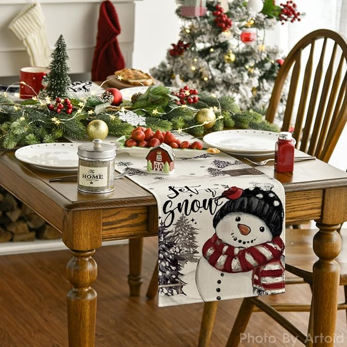 Artoid Mode Xmas Trees Let It Snow Black Snowman Christmas Table Runner, Seasonal Winter Holiday Kitchen Dining Table Decoration for Home Party Decor 13x36 Inch
