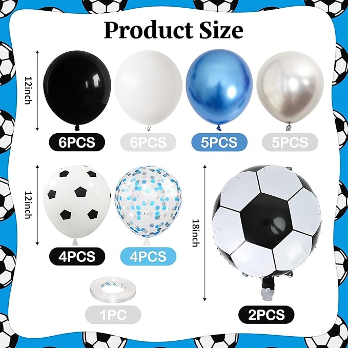 Soccer Balloons, Metallic Blue Silver Balloons with 18 Inch Soccer Ball Foil Print Balloon for Sport Theme Party Decorations, Chrome Silver Blue Confetti Balloon for Boys Men Birthday