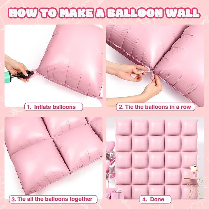 NISOCY 25PCS Pink Square Foil Balloons Wall Backdrop Double Sided Pastel Pink Balloons Arch Kit for Birthday Baby Bridal Shower Gender Reveal Easter Wedding Anniversary Party Decorations