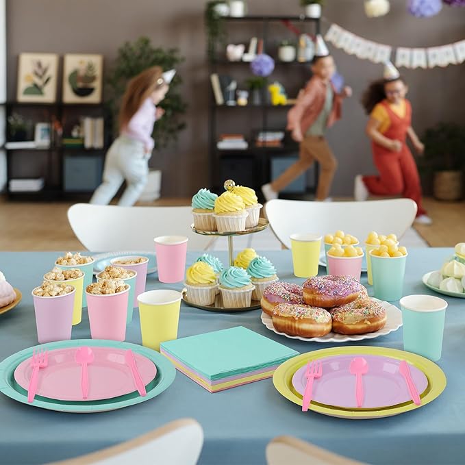 durony 192 Pcs Pastel Party Supplies Paper Plates Cups Napkins Macaron Color Pink Cutlery Plastic Forks Knives Spoons Disposable Tableware for Birthday Baby Shower Wedding Decorations Serve 24 Guests