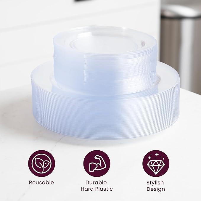 Aya's Cutlery Kingdom 100 Clear Plastic Plates for Party - Heavy Duty Disposable Set of 50 Dinner and 50 Dessert Plates - Elegant Plastic Disposable Plate for Weddings, Parties, and Special Events