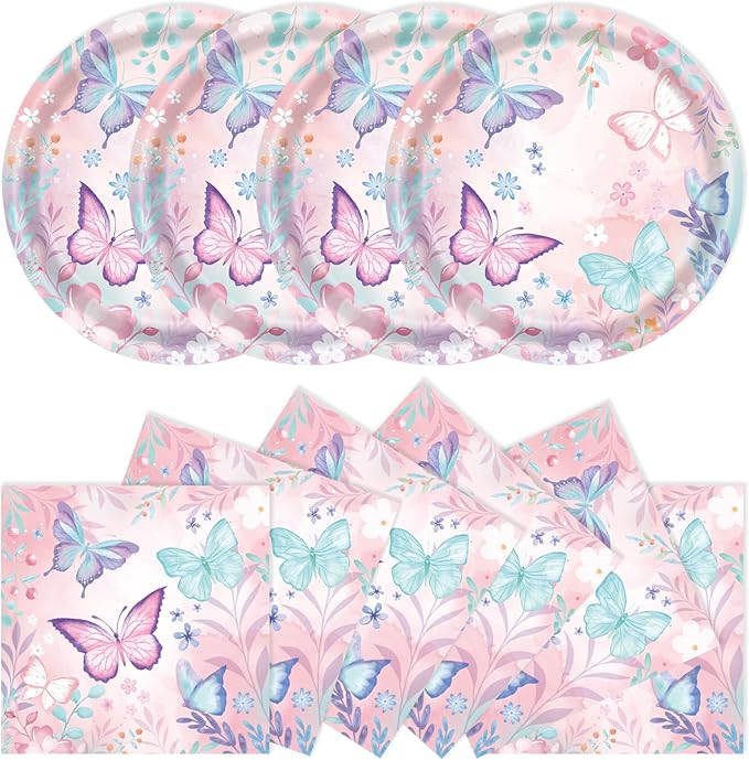 40Pcs Butterfly Plates and Napkins Party Supplies, Disposable Butterfly Birthday Party Paper Plates Napkins Tableware Set for Girl Butterfly Baby Shower Birthday Decorations (Butterfly)