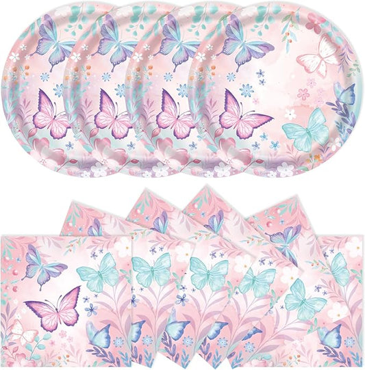 40Pcs Butterfly Plates and Napkins Party Supplies, Disposable Butterfly Birthday Party Paper Plates Napkins Tableware Set for Girl Butterfly Baby Shower Birthday Decorations (Butterfly)