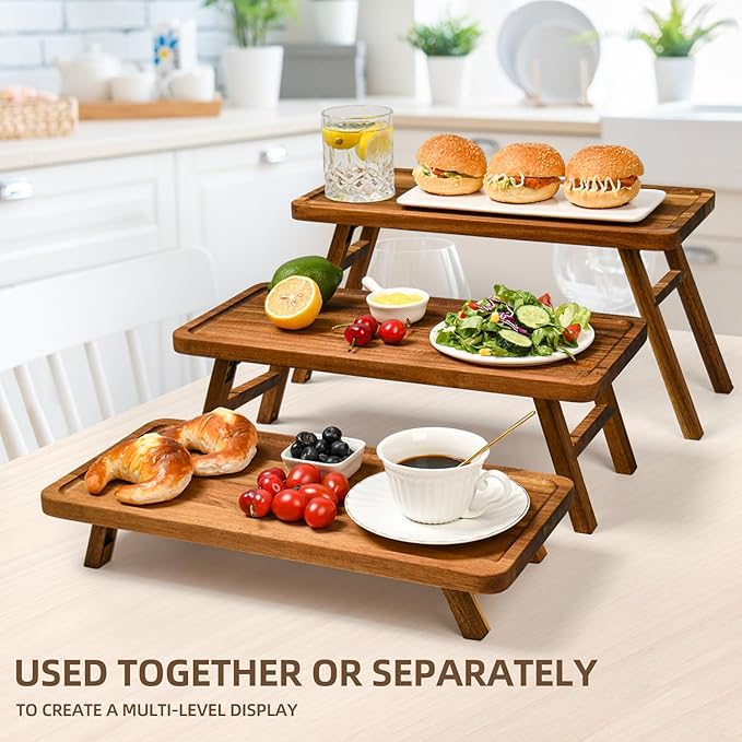 GEHE 3 Tier Serving Stand, Acacia Wood Dessert Table Display Cupcake Stand, Rustic Foldable 3-Tiered Serving Trays & Platters, Large Charcuterie Board for Birthday Wedding Bridal Shower Tea Party
