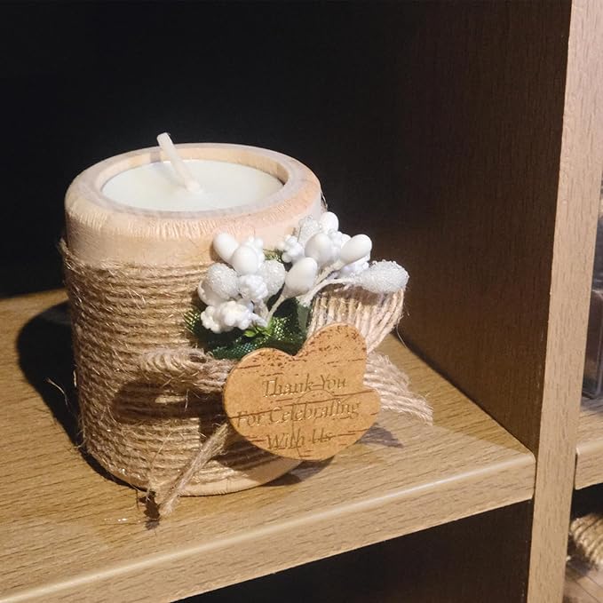 12PCS Wooden Tealight Candle Holders, Wedding Thank You Favors for Guests, Baptism/Bridal Shower Centerpieces for Tables, Wood Cylinder Candle Set for Baby Shower Decorations(Double Heart Tag)