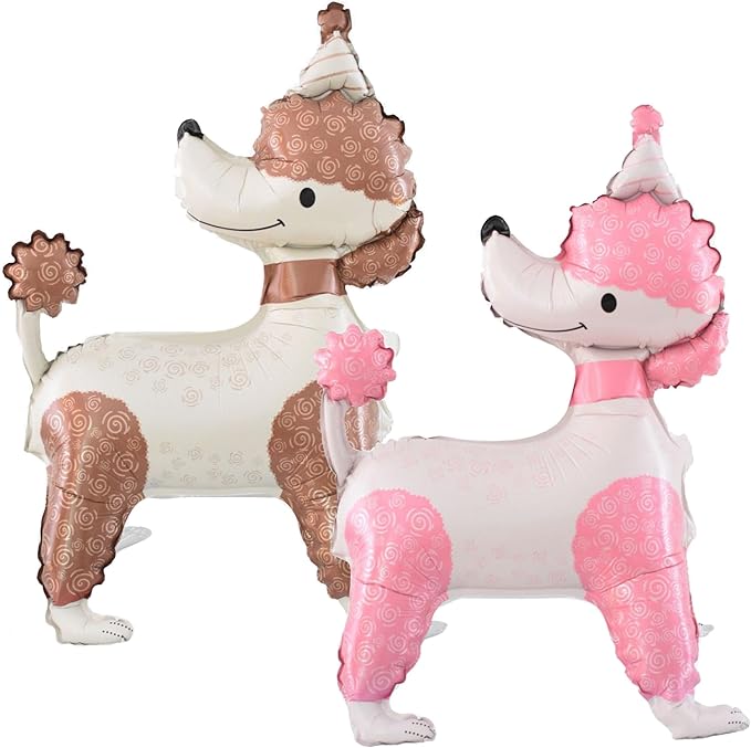 4D Standing Dog Animal Balloons,Pink Brown Pet Dog Foil Balloons, 2Pcs Cute Puppy Poodle Children's Birthday Party Supplies Animal Themed Baby Shower Party Decorations