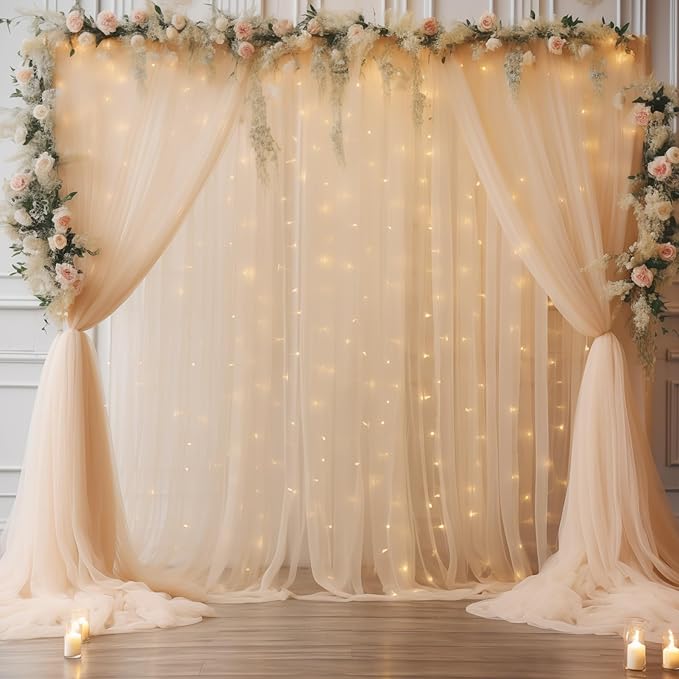 30ft x 10ft Champagne Tulle Backdrop Curtain with Lights String for Parties, Sheer Wedding Photo Backdrops Drapes for Baby Shower Birthday Party Decorations Background for Photography
