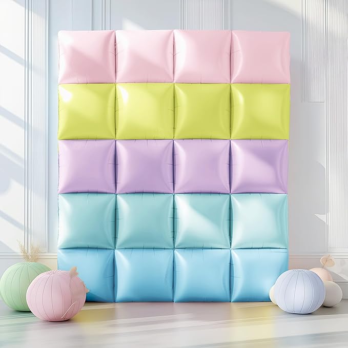 NISOCY 25PCS Pastel Square Foil Balloons Wall Backdrop Double Sided Multicolor Macaron Balloon Tunnel Arch Kit for Birthday Baby Bridal Shower Gender Reveal Easter Wedding Party Decorations