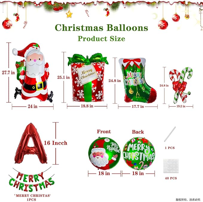 Christmas Decorations Balloons, Merry Christmas Banner Santa Red & Green Candy Cane Foil Balloons for Party Decorations