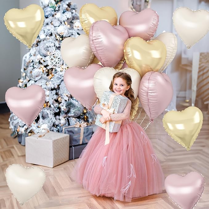Dusty Pink Cream Heart Balloons, 12Pcs 18 Inch Retro Blush Pink Nude Apricot Beige Pastel Gold Neutral Heart Shape Foil Balloon for Birthday Wedding Baby Bridal Shower Valentines Party Decorations