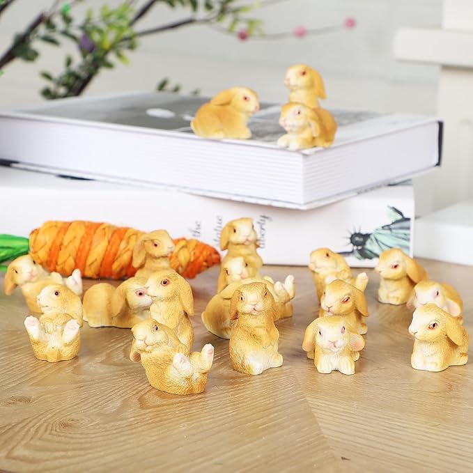 DR.DUDU 24 PCS Mini Bunnies Easter Decor - Mini Resin Animals Rabbits, Miniature Figurines Tiny Animals to Hide, Easter Egg Filler Stuffers DIY Crafts Fairy Gardens Table Decor (Brown)