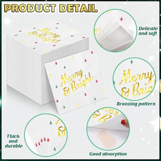 100 Pcs Christmas Tree Paper Napkins Disposable, Merry Bright Red Green Gold Foil Cocktail Napkins, Xmas Holiday Square Party Guest Dinner Napkin for Christmas Winter Party Supplies, 6.5x6.5 Inch