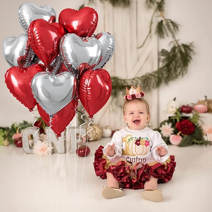 Red Silver Heart Balloons, 18 Inch Red and Silver Heart Balloons Red Silver Valentine Balloons Romantic Party Decoration Red Heart Shape Mylar Balloons for Valentines Day Birthday Wedding Pack of 10