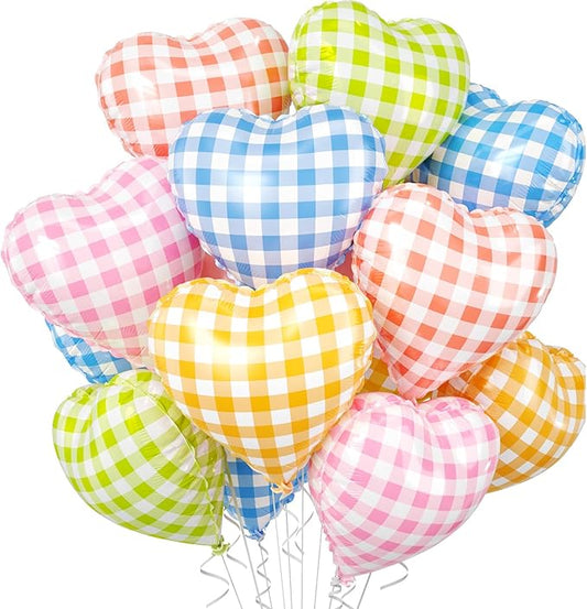 Pastel Grid Heart Balloons, 10 Pcs Rainbow Checkered Heart Shape Balloon, 18 Inch Pink Yellow Blue Red Green Lattice Foil Balloons Helium for Kids Birthday Valentines Baby Shower Party Decorations