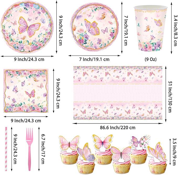 163PCS Butterfly Birthday Party Decorations, Girls Butterfly Party Supplies Disposable Plates and Napkins Set, Tableware,Banner, Hanging Swirls, Tablecloth, Cake Cupcake Topper