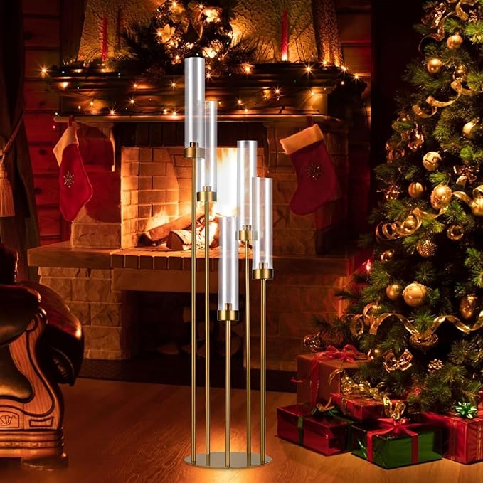 2PCS Gold Floor Candelabra,5 Arm Candle Holder Tall Floor Candle Holder with Acrylic Lampshade for Wedding Table Birthday Party Home Decoration Fit LED Taper Candles