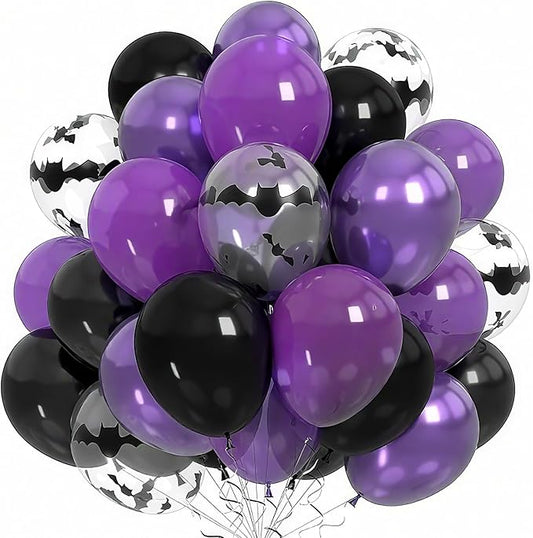 Halloween Balloons, 60PCS Purple and Black Balloons, Metallic Purple and Halloween Bat Printed Clear Balloon, Halloweens Latex Balloon for Boy Girl Birthday Party Decorations Indoor Outdoor