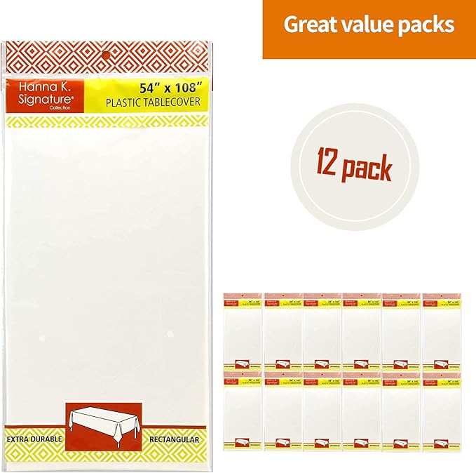 Party Dimensions White Disposable Plastic Tablecloth for Rectangle Tables (12 Pack) Table Cloths for Parties, Events & Weddings, Indoors Outdoors, 54 x 108 inches, Plastic Table Cover
