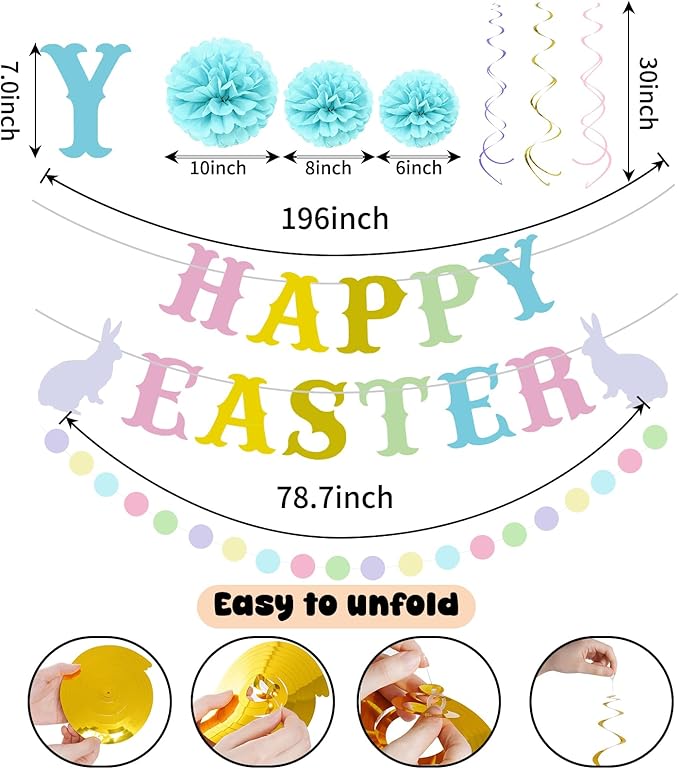 NISOCY Happy Easter Banner, Easter Decoration Happy Easter Sign Banner with Swirls Streamers and Honeycomb Balls for Indoor & Outdoor, Spring Easter Party Decorations