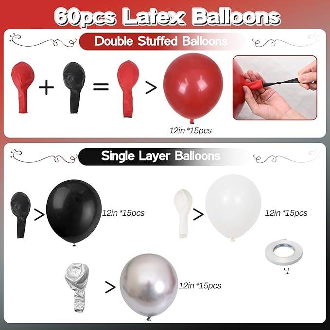 Red Black Balloons, 60 Pcs 12 Inch Double Stuffed Red Matte Black White Balloon with Metallic Silver Balloon for Halloween Vampire Prom New Year Race Car Theme Birthday Poker Card Party Decorations