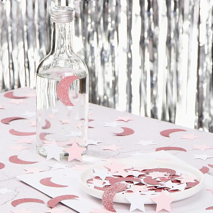 Rose-Gold Pink-White Moon Star Confetti - 300pcs Glitter Twinkle Little Star Table Confetti Eid Ramadan Mubarak Decoration Birthday Wedding Baby Bridal Shower Party Decor Lasting Surprise