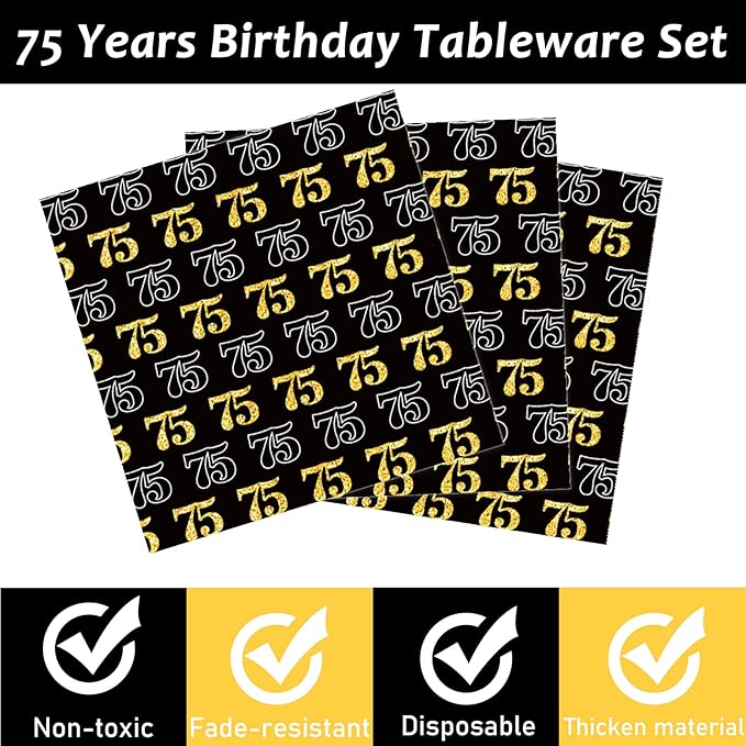96 Pcs 75th Birthday Party Supplies 75th Birthday Tableware Plates Cheers to 75 Years Table Decorations Dinnerware Party Favor for Men Woman Seventy-five Years Birthday 24 Guests