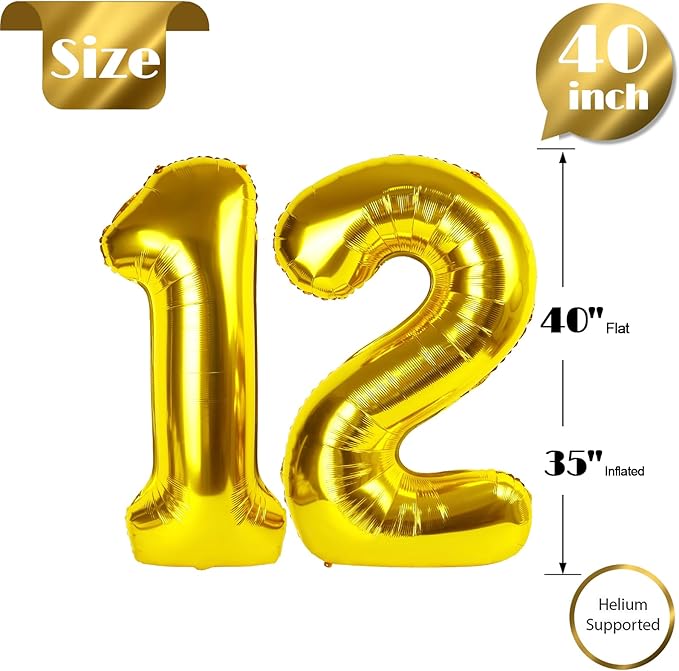 Gold Number 12 Balloon 40 Inch, 12th Birthday Party Decorations for Children, Giant 12 Foil Balloon for Party Supplies