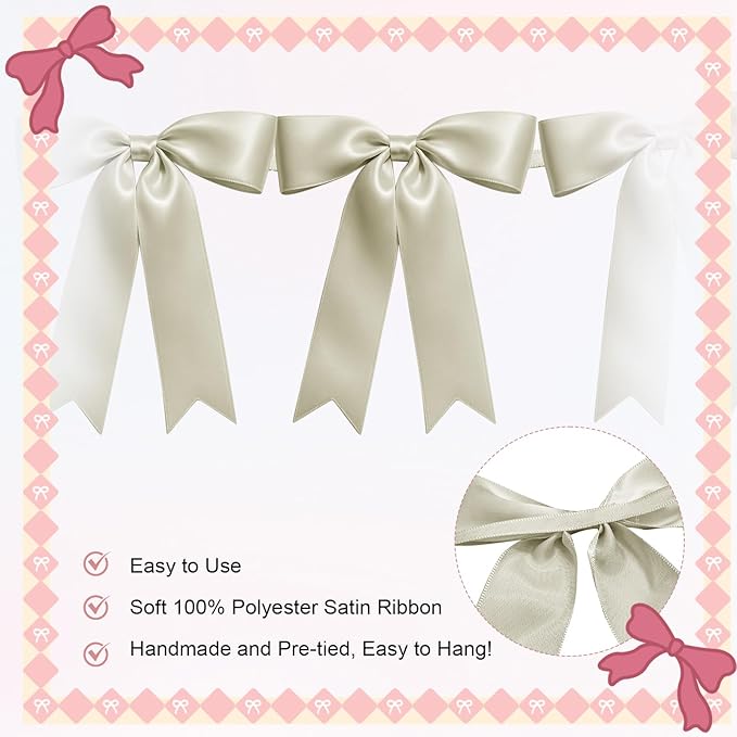 1 String of 8PCS Ivory White Bow Garland Banner Decoration,Pre-Strung Satin Ribbon Ornaments for Birthday,Bachelorette Party,Bridal Shower,Wedding,Engagement,Baby Shower,Graduation Decor,Anniversary